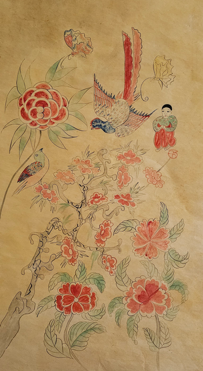 Blumen- und Vogelmalerei mit einer Figur 인물이 있는 화조도